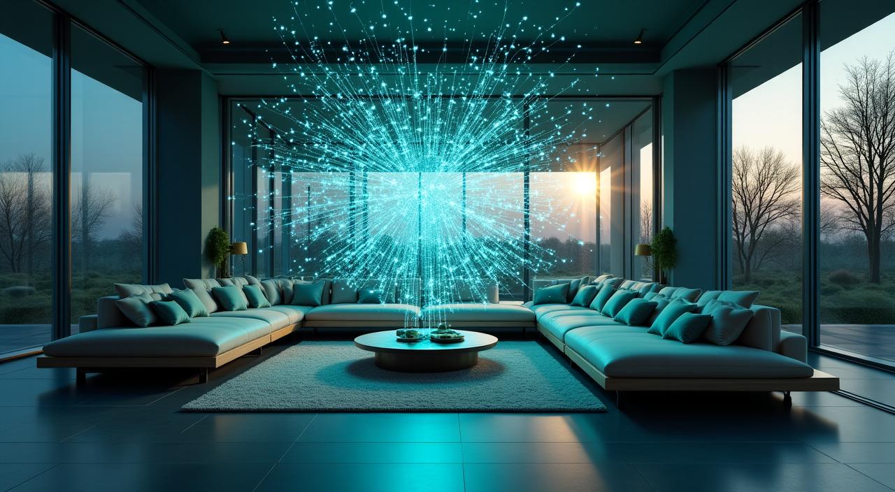 A complex blueprint-style computer render of a modern home interior with glowing AI neural connections
