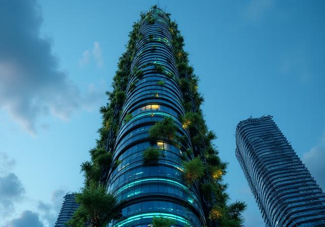 Futuristic sustainable skyscraper with integrated greenery and digital energy overlays